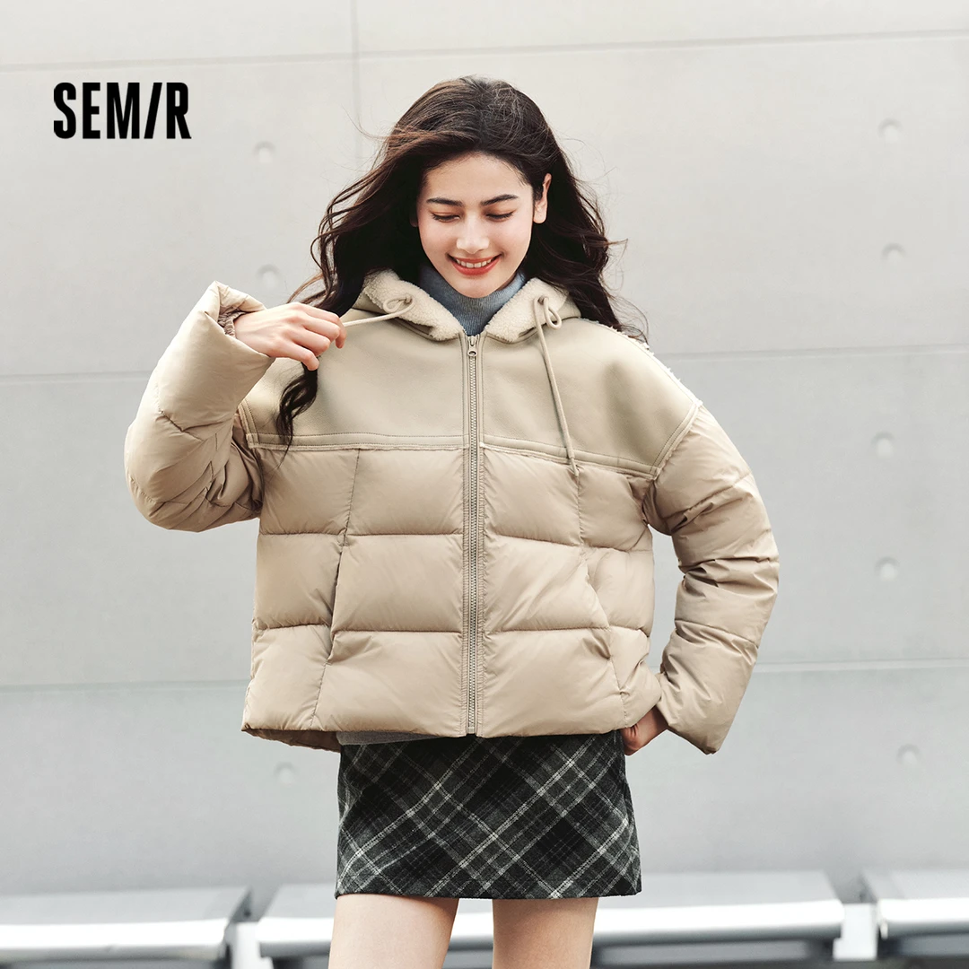 森马棉服女拼接棉衣毛绒连帽面包服潮流