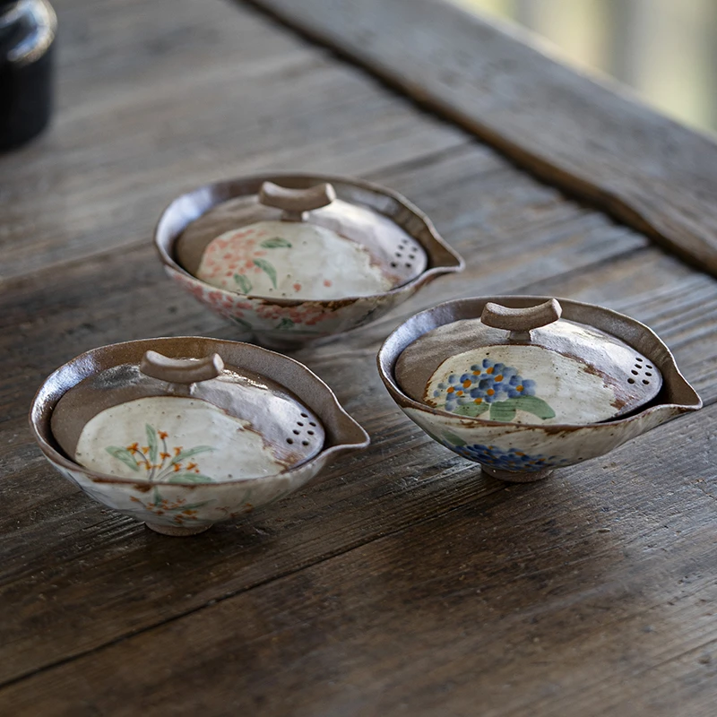 老岩泥手绘小乔盖碗陶泥中式粗陶手抓泡茶壶柴烧泡茶碗