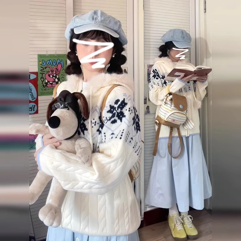 慵懒风蓝白色费尔岛连帽毛衣外套女秋冬季2025年新款宽松针织开衫