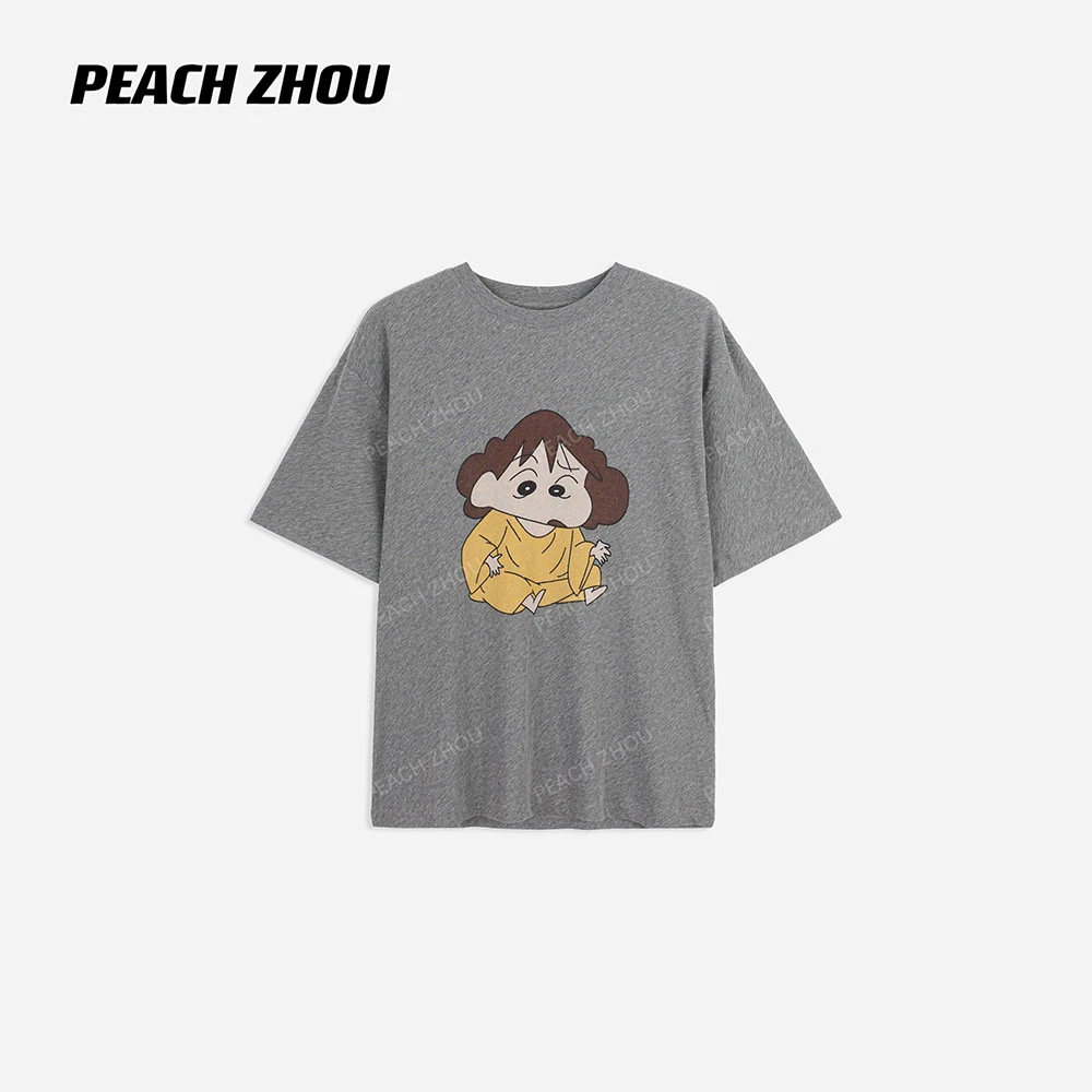 『PEACHZHOU』蜡笔小新卡通印花正肩宽松圆领短袖美式休闲减龄T恤女