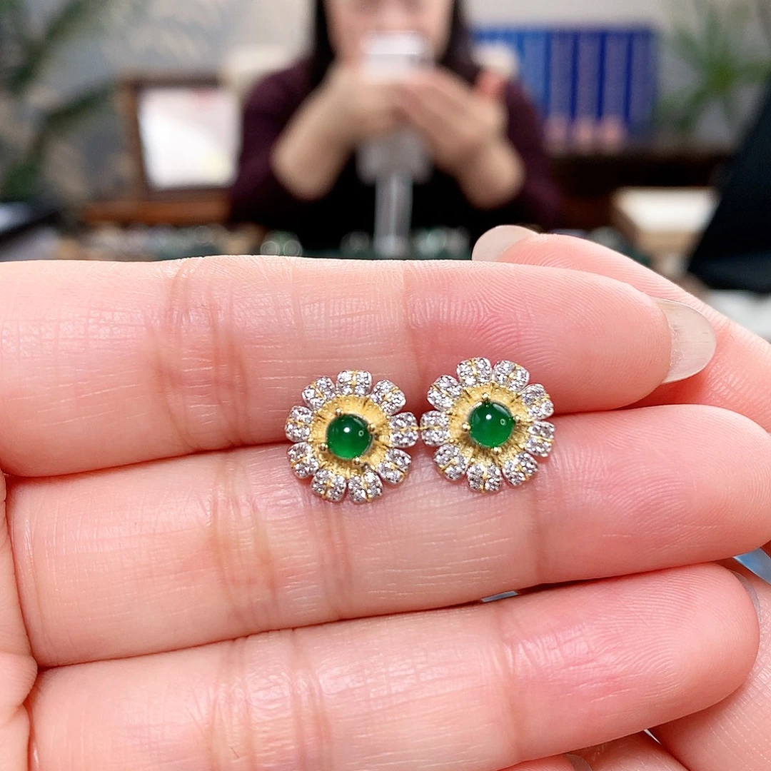 翡翠银S925镶嵌耳钉向日葵耳钉