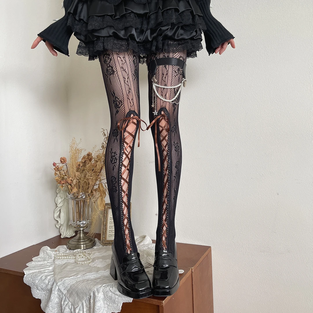 袜贵人新品千禧年Y2K辣妹亚文化时髦蕾丝棕色芭蕾舞绑带蕾丝裤袜