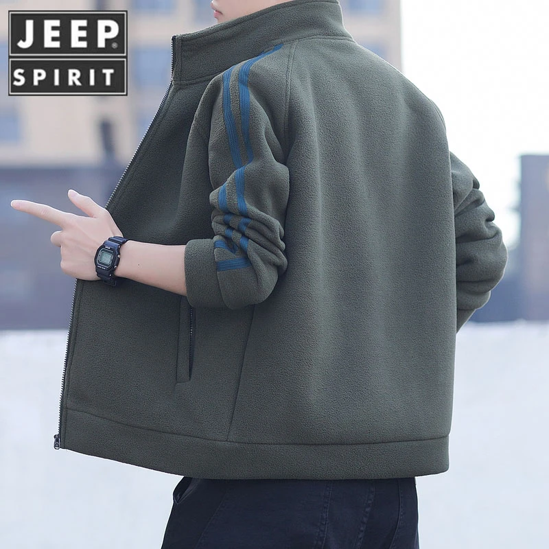 JEEPSPIRIT/吉普摇粒绒外套男户外抓绒衣保暖卫衣开衫立领夹克