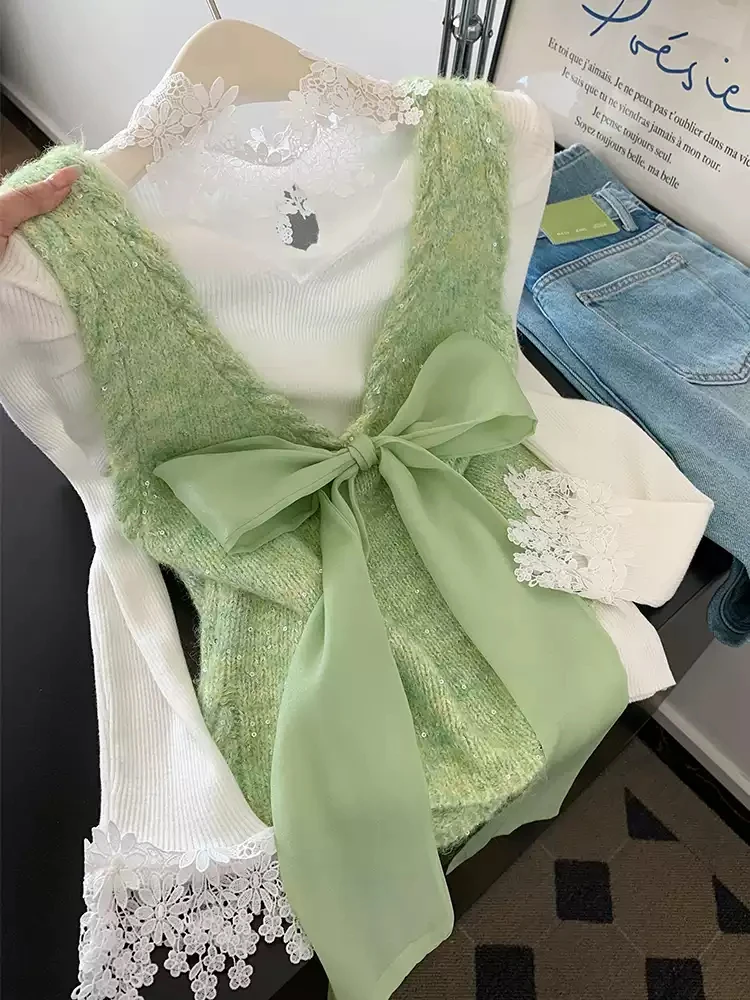 爆款推荐慵懒风绿色蝴蝶结V领针织马甲女秋冬高级感叠穿毛衣上衣