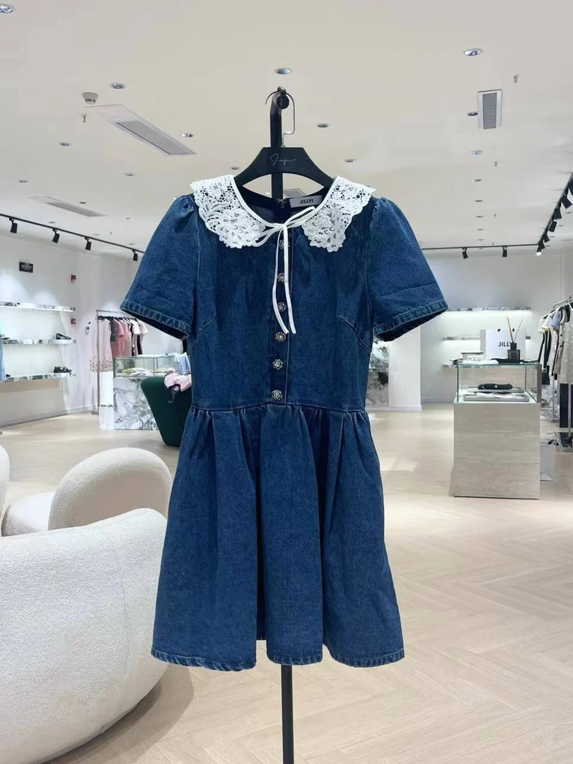 JILLYI珠海店【油画少女】夏季时尚气质显瘦三重水洗蕾丝领牛仔裙