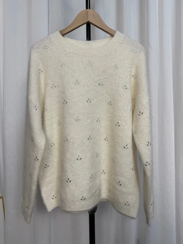 拉绒慵懒高级感烫钻白色针织打底衫