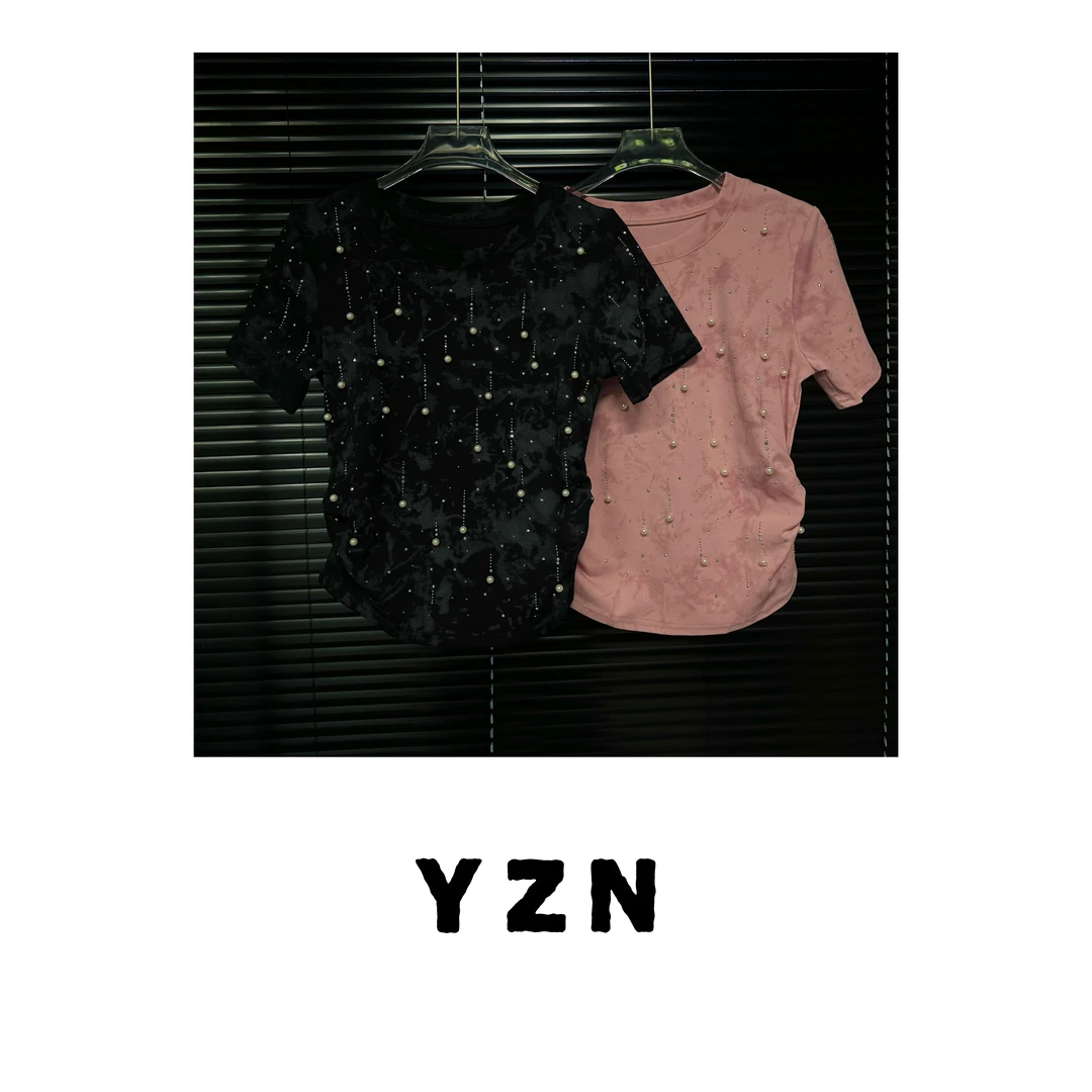 《韩韩》辣妹重工时尚气质显瘦烫钻轻奢百搭圆领设计师款夏短袖T恤