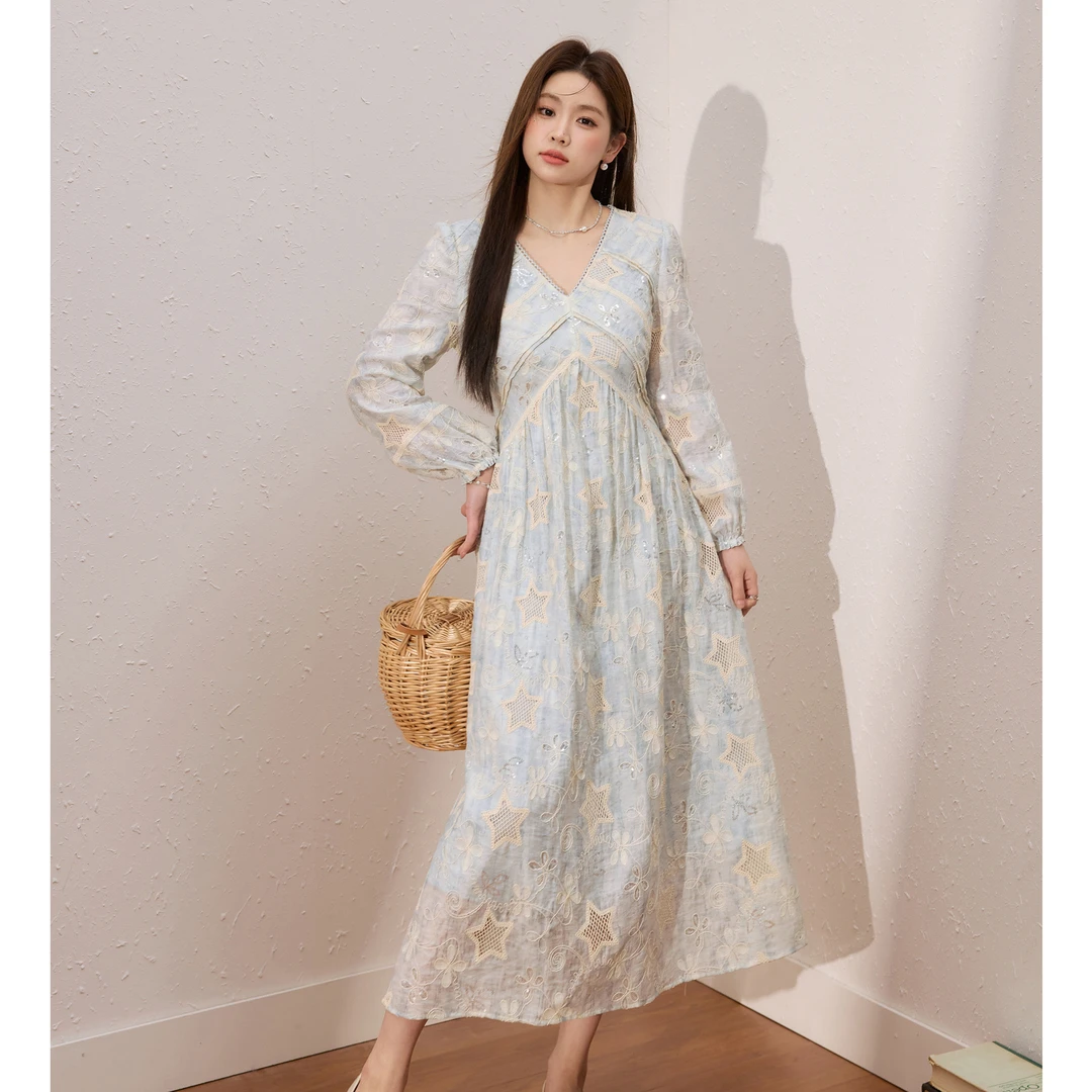 蓝语大码女装【天丝混纺】镂空绣花优雅连衣裙秋冬新款收腰显瘦长裙