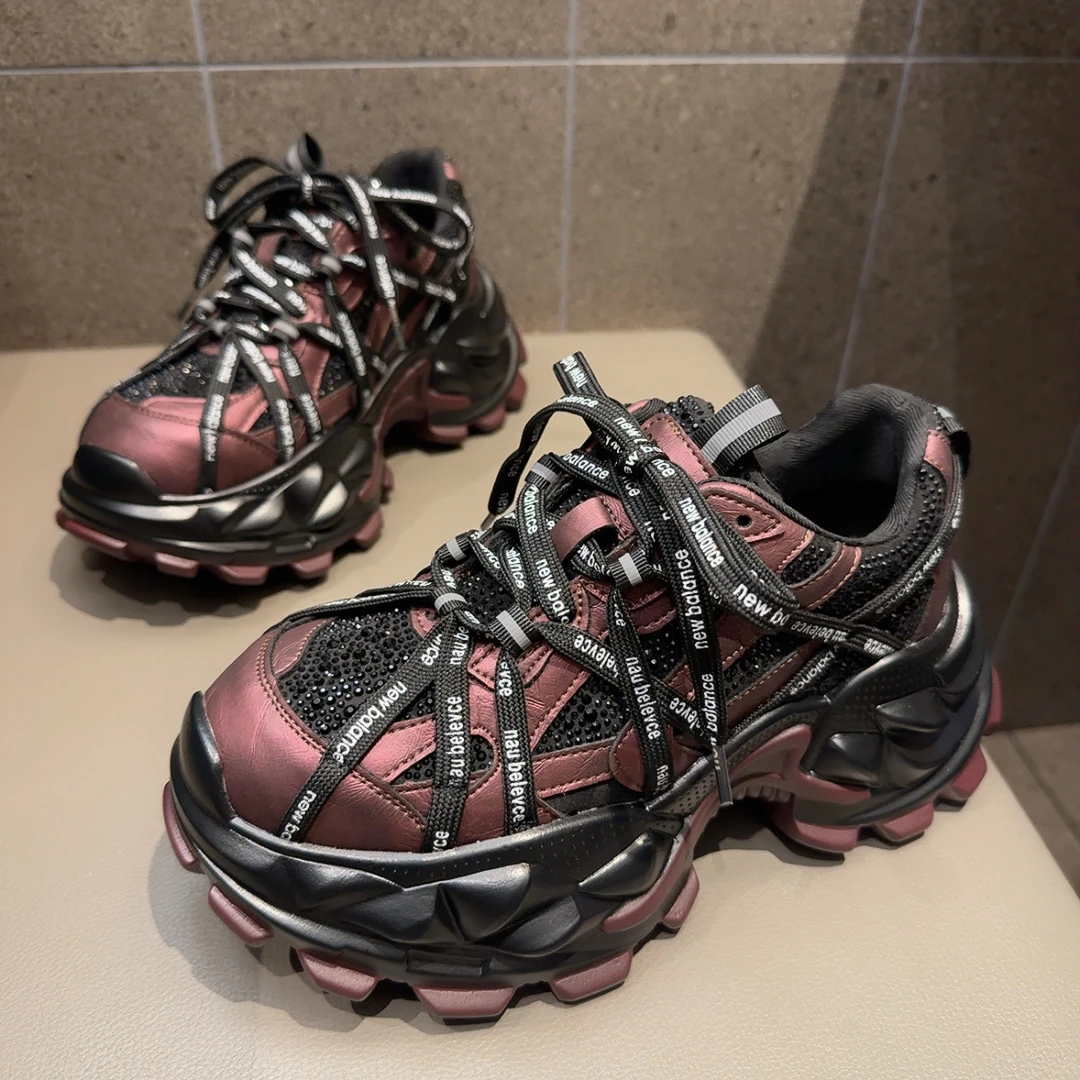 欧货蜘蛛绑带水满钻厚底老爹鞋女潮2025秋新款百搭时尚休闲运动鞋