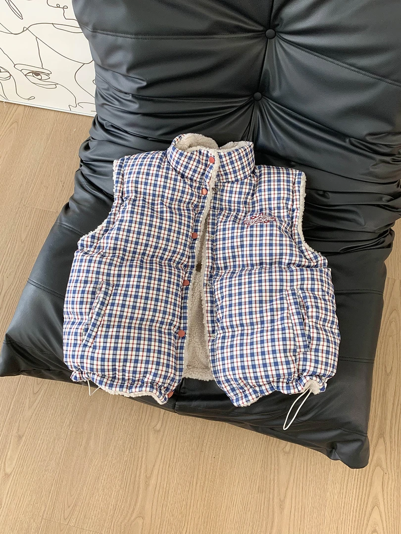 韩系甜美叠穿条纹背心毛茸茸棉马甲外套女装冬季新款2025两面穿