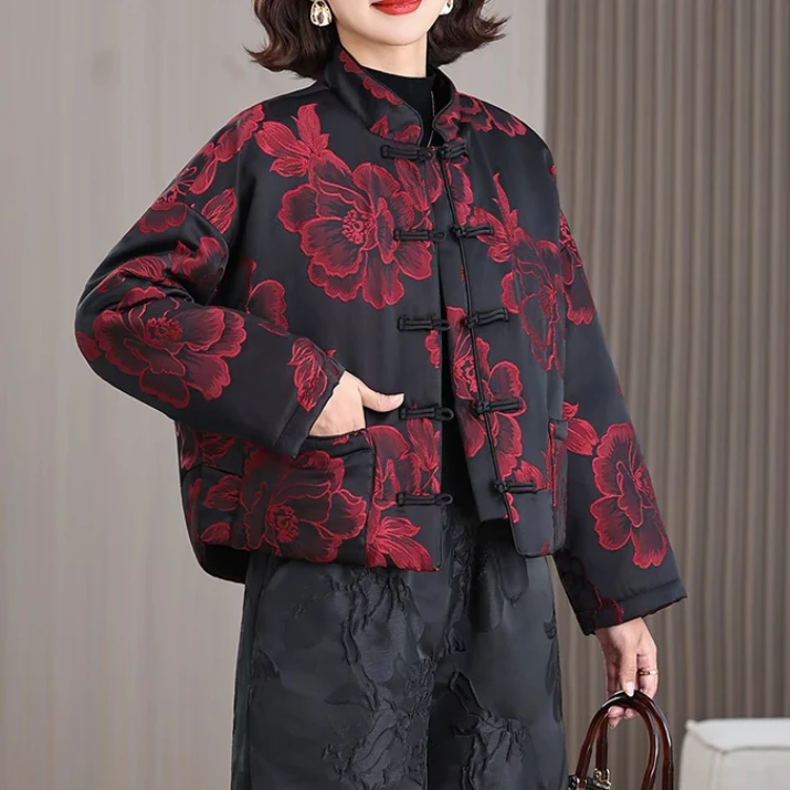 厚款立领加绒加厚款花色短款棉服外套中国风提花棉服