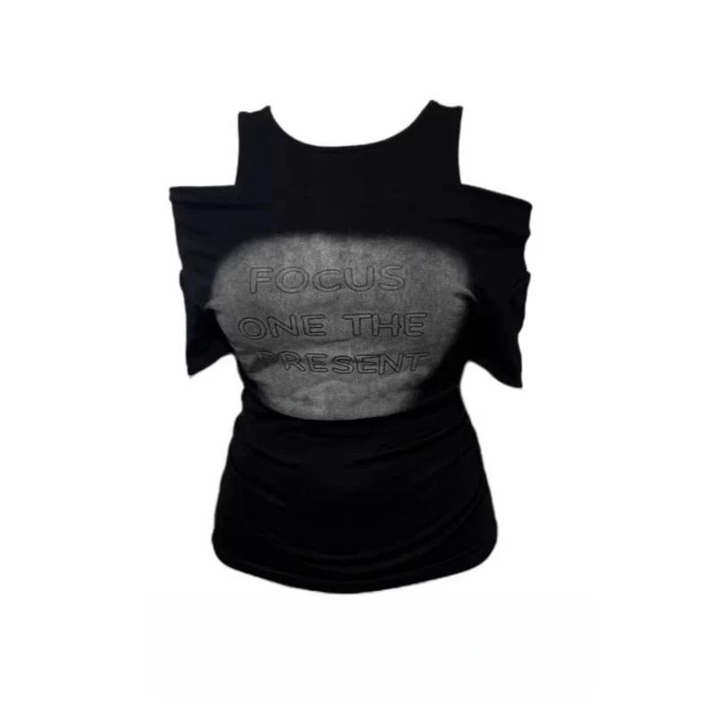 大码胖mm韩式辣妹黑色挂脖露肩短袖t恤女夏别致独特巨显瘦小上衣