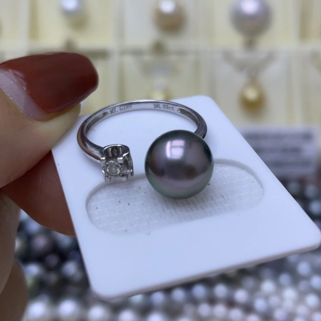 海水珍珠戒指18K金镶嵌9.6mm孔雀绿