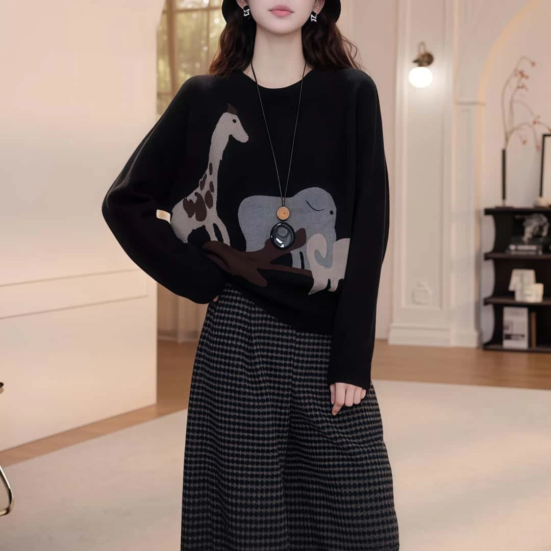 秋季宽松动物绣花圆领套头长袖针织衫女2025休闲显瘦时尚百搭毛衣