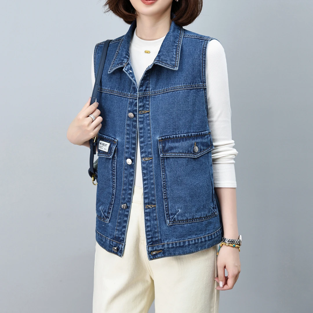 时尚大码牛仔马甲女士春秋新款宽松百搭工装口袋无袖坎肩背心外套