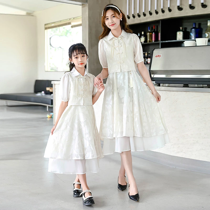 女孩夏季新中式吊带裙洋气母女亲子装2024新款国风盘扣短袖连衣裙