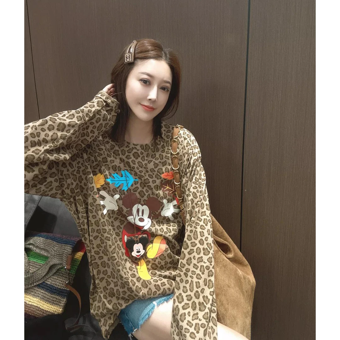 韩国东大门2025秋季新款米奇豹纹长袖T恤女宽松洋气老钱风上衣ins