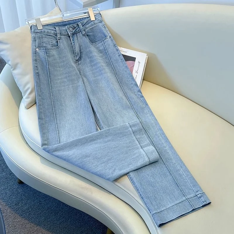 浅色窄版直筒阔腿裤夏季薄款新款高腰宽松显瘦洋气牛仔浅色牛仔裤