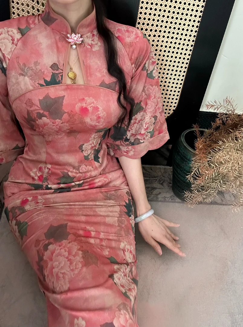 叁屿定制 娇柔~新中式气质提花缎面显白长款倒大袖旗袍连衣裙