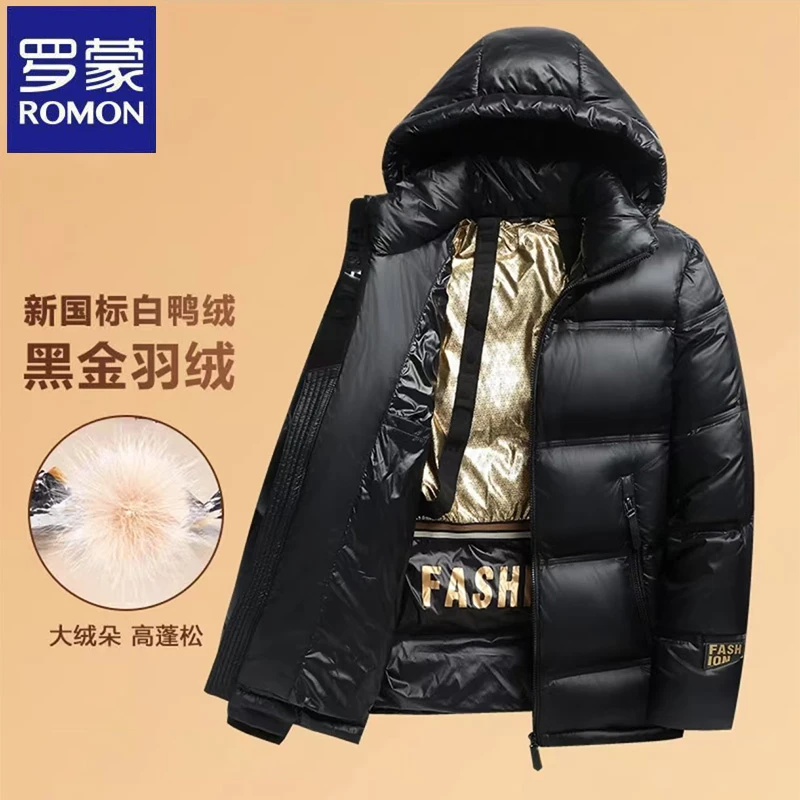 罗蒙黑金羽绒服男女同款冬季连帽可拆短款高端潮流白鸭绒外套保暖