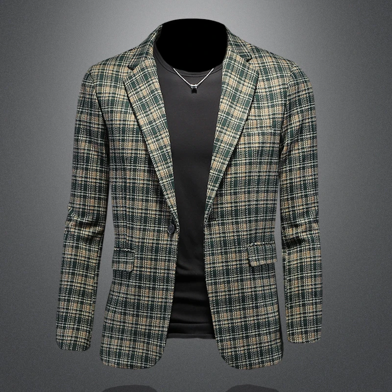 顿奇摩费涅格子西装外套男春秋季款潮流修身休闲单件加厚开叉西服