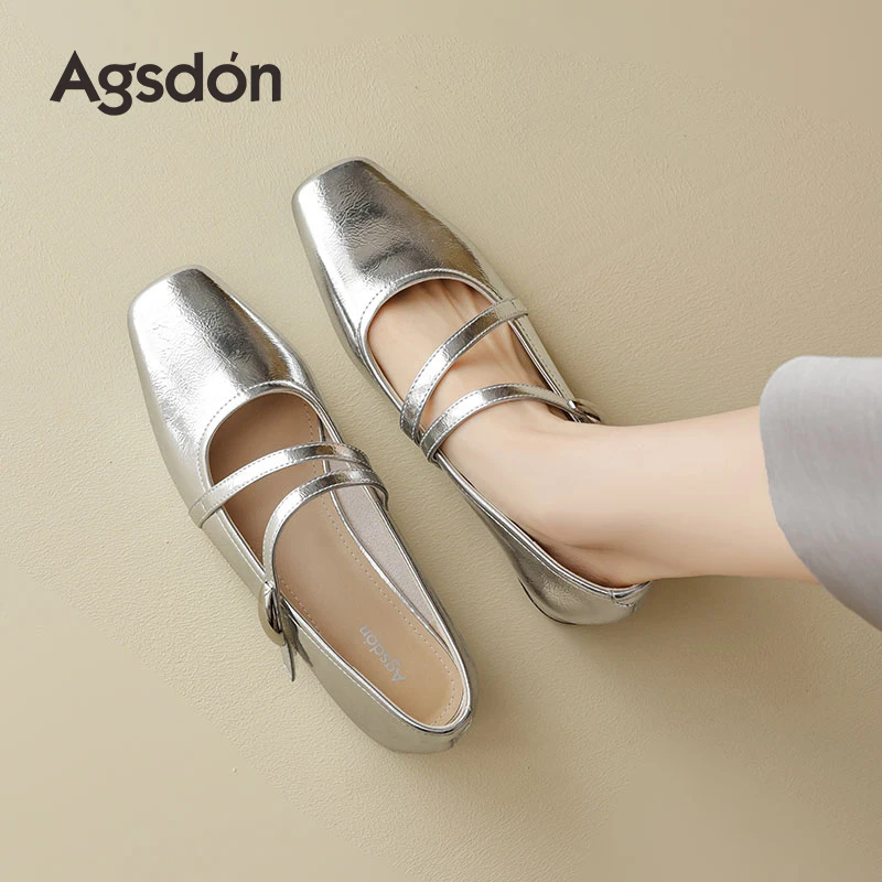 奥古狮登银色单鞋女2025新款夏季爆款法式粗跟浅口芭蕾玛丽珍凉鞋