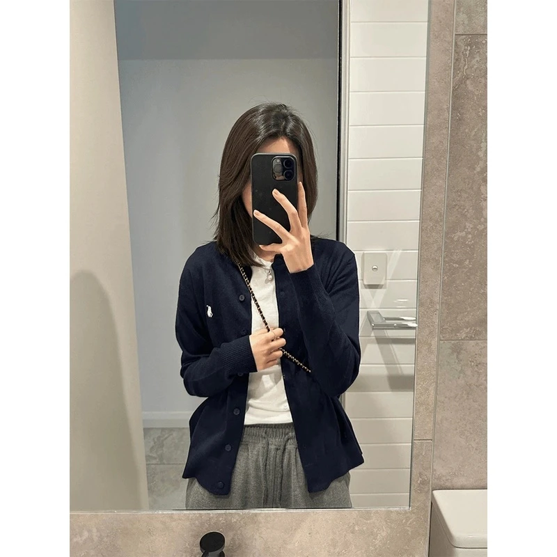 藏青色针织衫开衫上衣女刺绣毛衣外套百搭打底衫内搭2024春秋新款