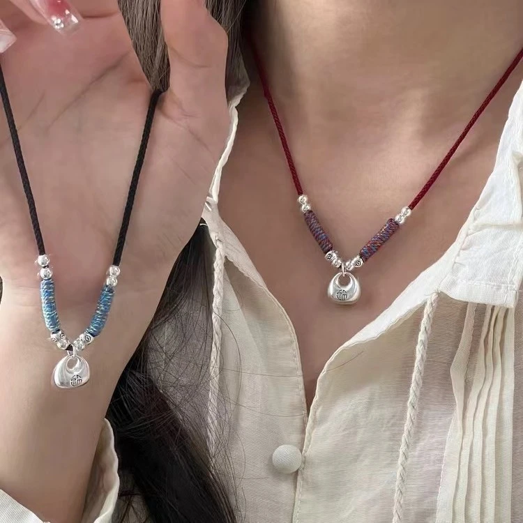 银坨坨实心镀银平安小胖福袋龙年红绳项链编织