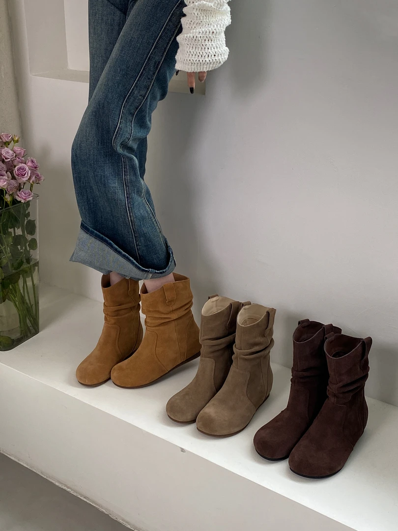 磨砂皮~内增高复古短靴女2025秋冬西部马丁靴圆头短筒百搭堆堆靴~