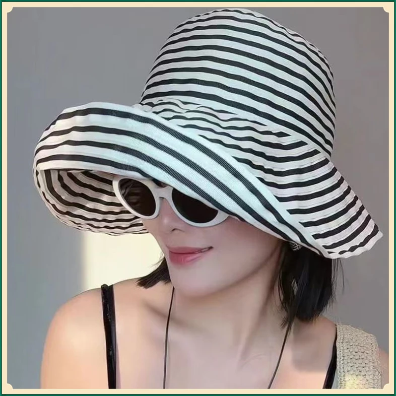 日系可折叠YLFS夏季条纹渔夫帽女新款长防晒帽子时尚盆帽大【鲲鹏】