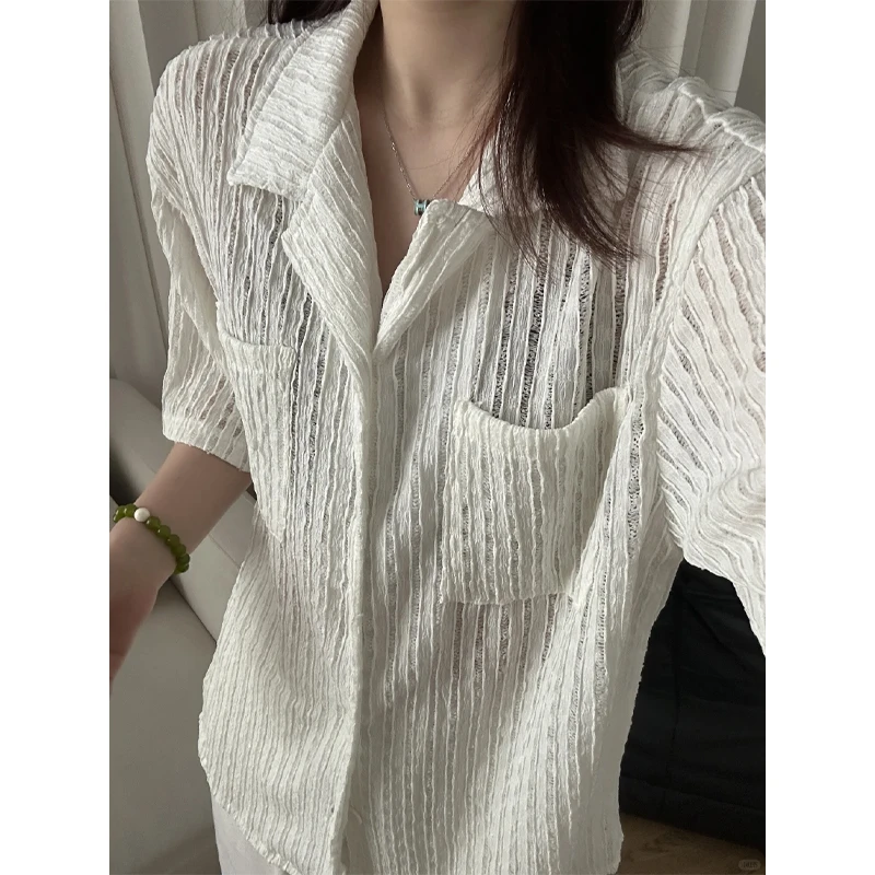 古巴领冰丝镂空短袖衬衫男女款夏季针织半袖衬衣休闲宽松防晒外套