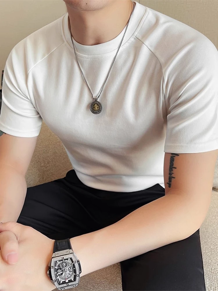 短袖T恤男潮牌纯色时尚弹力半袖夏季潮流百搭修身圆领纯棉打底衫