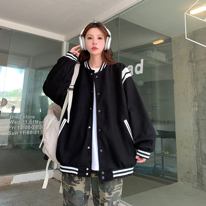秋冬新款美式棒球服女夹克ins潮韩版宽松休闲百搭学生中长款外套