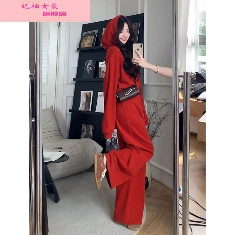 妃袖安可拉红运动套装女新款宽松休闲卫衣阔腿裤时尚加绒两件套春