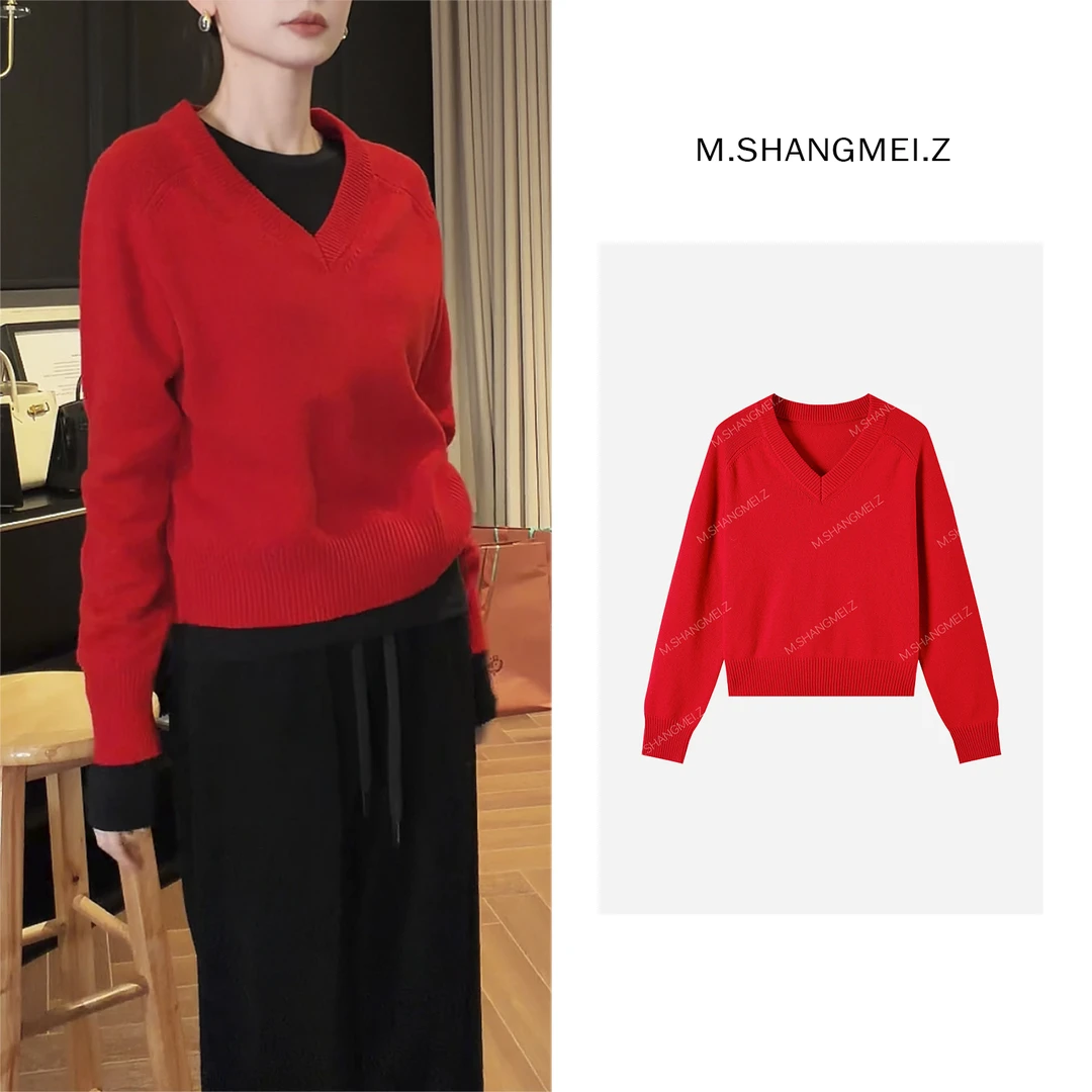 M.SHANGMEI.Z/沐熙【洛神玫瑰】美大哥慵懒螺纹V领针织毛衣X11AM101