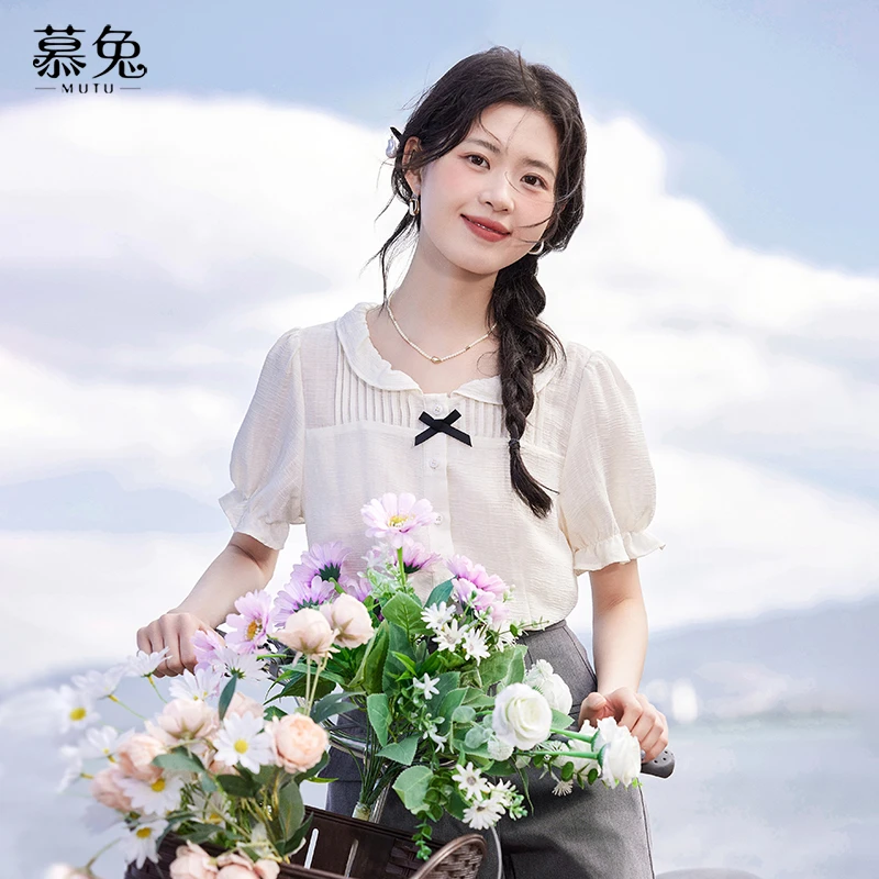 慕兔法式甜美娃娃领短袖衬衫女夏2025新款独特设计感小众上衣