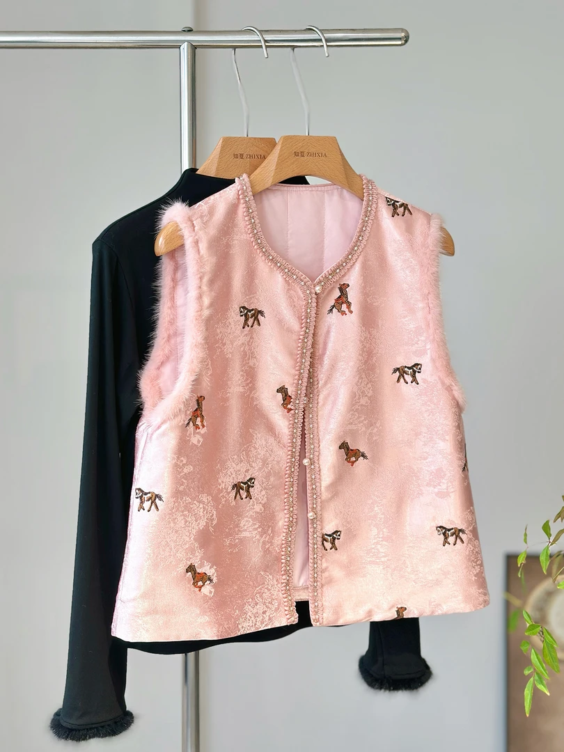 高级感粉色新中式水貂毛提花马甲女外穿减龄年轻国风夹棉刺绣背心