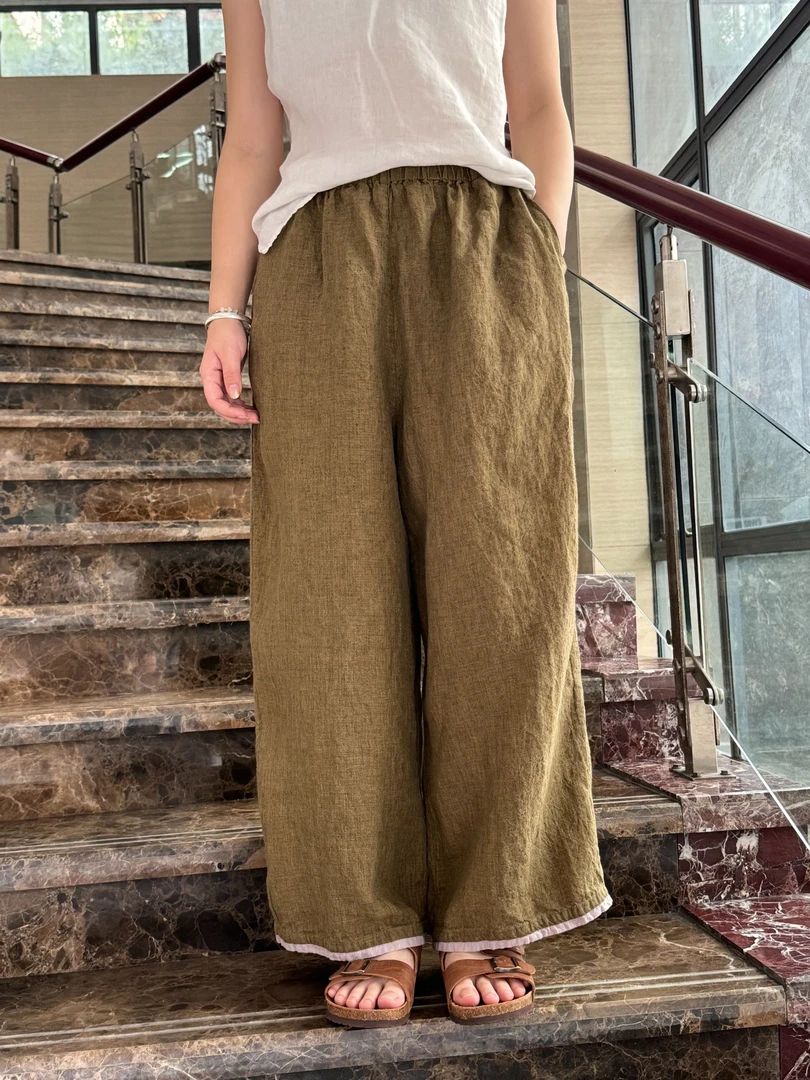 夏新100%法国进口亚麻宽松阔腿休闲直筒裤松紧腰裤脚撞色24068