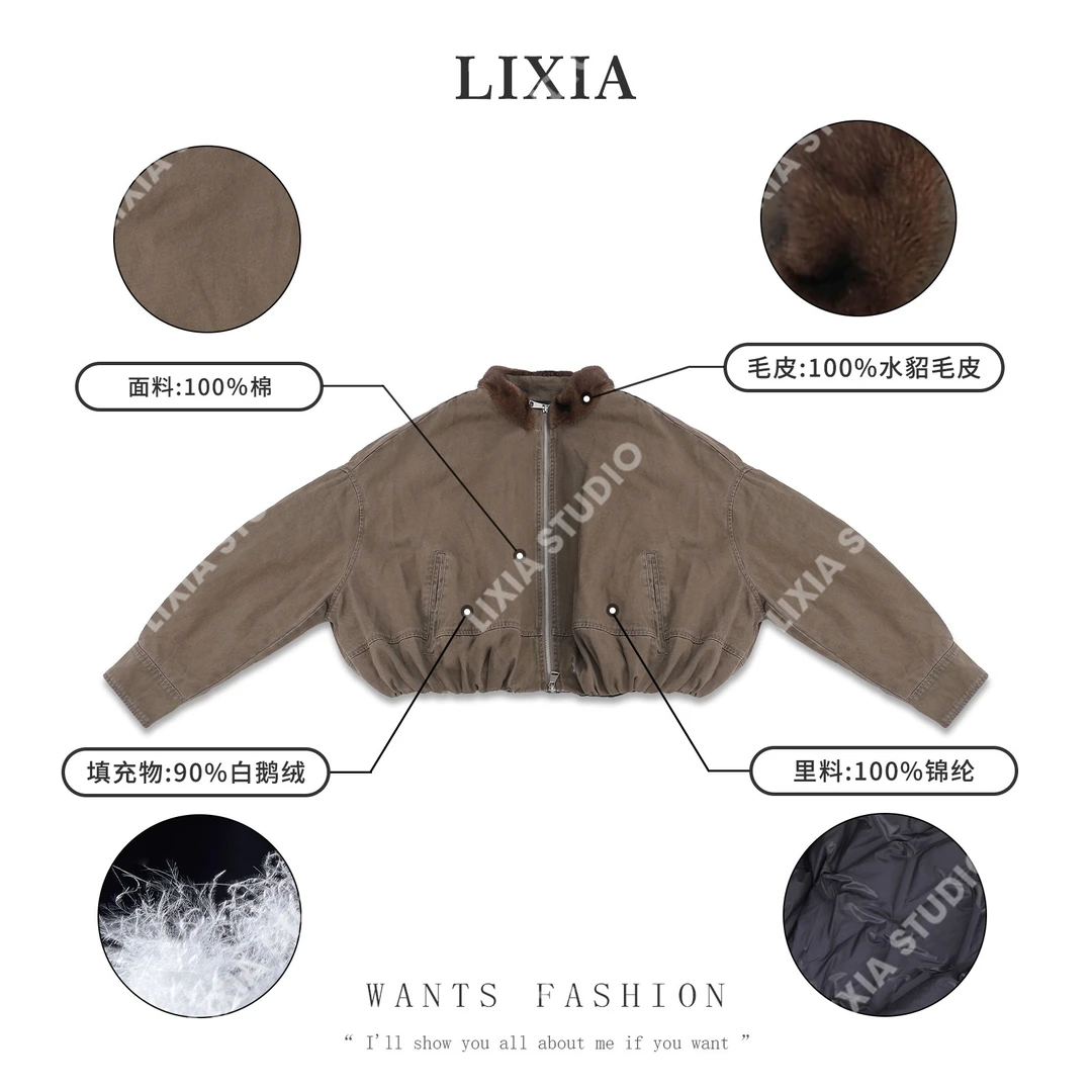 LIXIA【复古玩家】水貂皮毛撞领多色轻奢90鹅绒短夹克-D10208