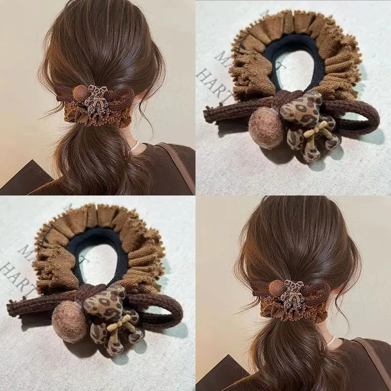 复古蓝色花边拼接豹纹小熊大肠发圈高级马尾丸子头发绳弹力头绳