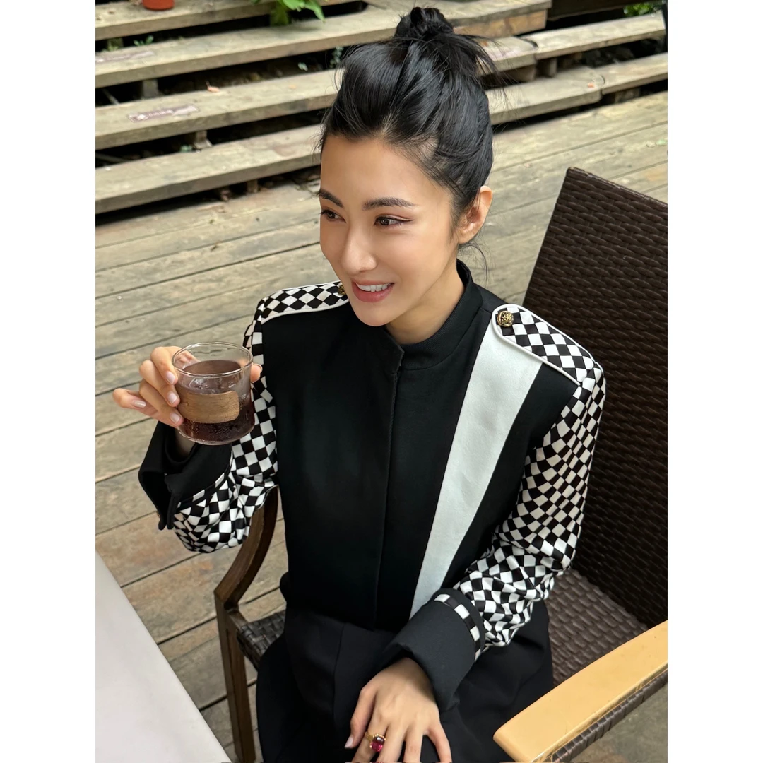 【壁虎服饰】23新/黑白拼色拼接千鸟格立领黑色外套