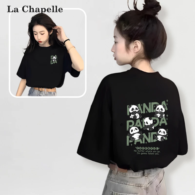 拉夏贝尔黑色宽松显瘦短袖T恤女款2025新早春韩系小个子纯棉内搭