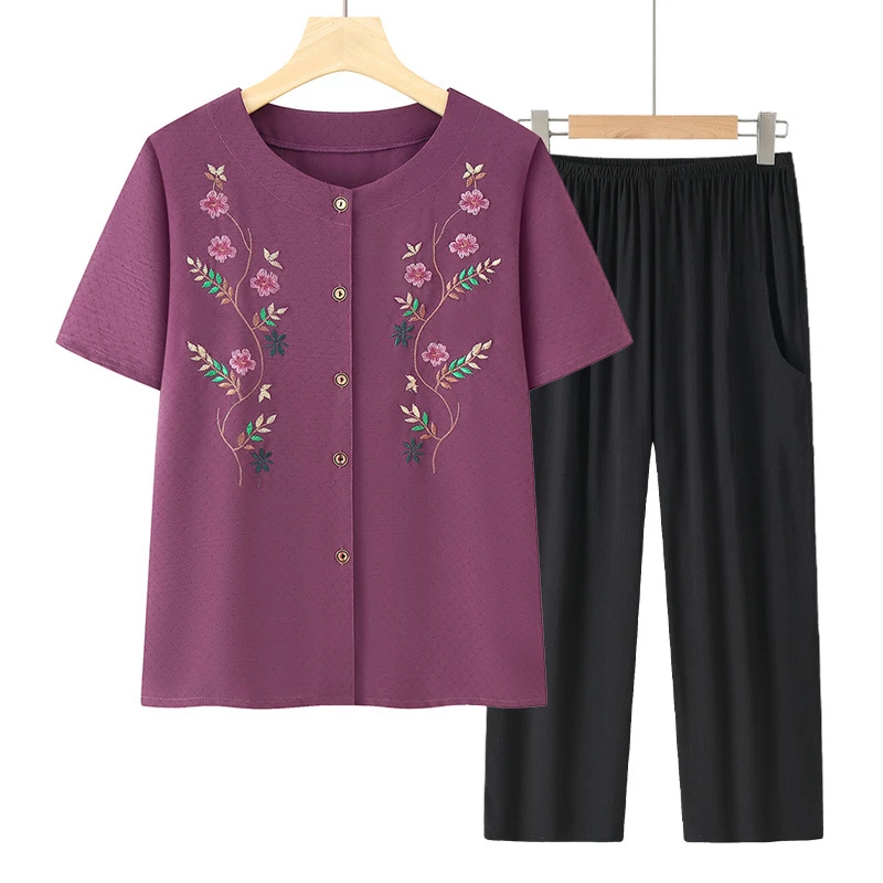 中老年人夏装衬衣女奶奶装短袖套装妈妈刺绣上衣老太太两件套开衫