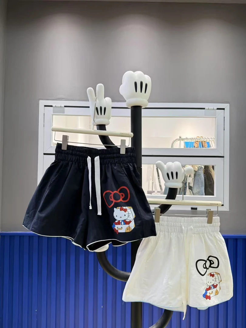 欧洲站5140#Bohan秀秀2025夏季新款韩系Kt猫印花高腰显瘦阔腿短裤