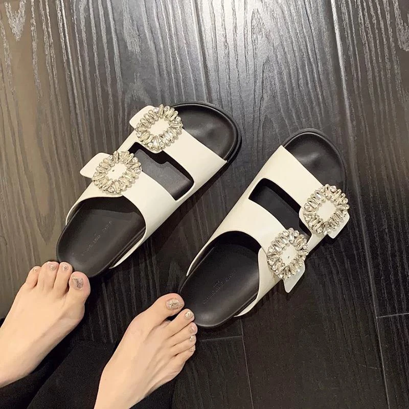 【澳门专柜正品】二舅鞋2025新款夏方扣水钻厚底凉鞋女休闲一字罗马