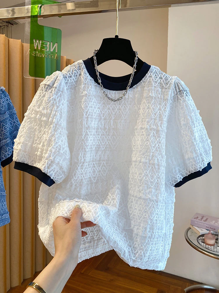 胖MM特大码300斤法式网纱拼接泡泡袖上衣女夏宽松休闲圆领短袖t恤