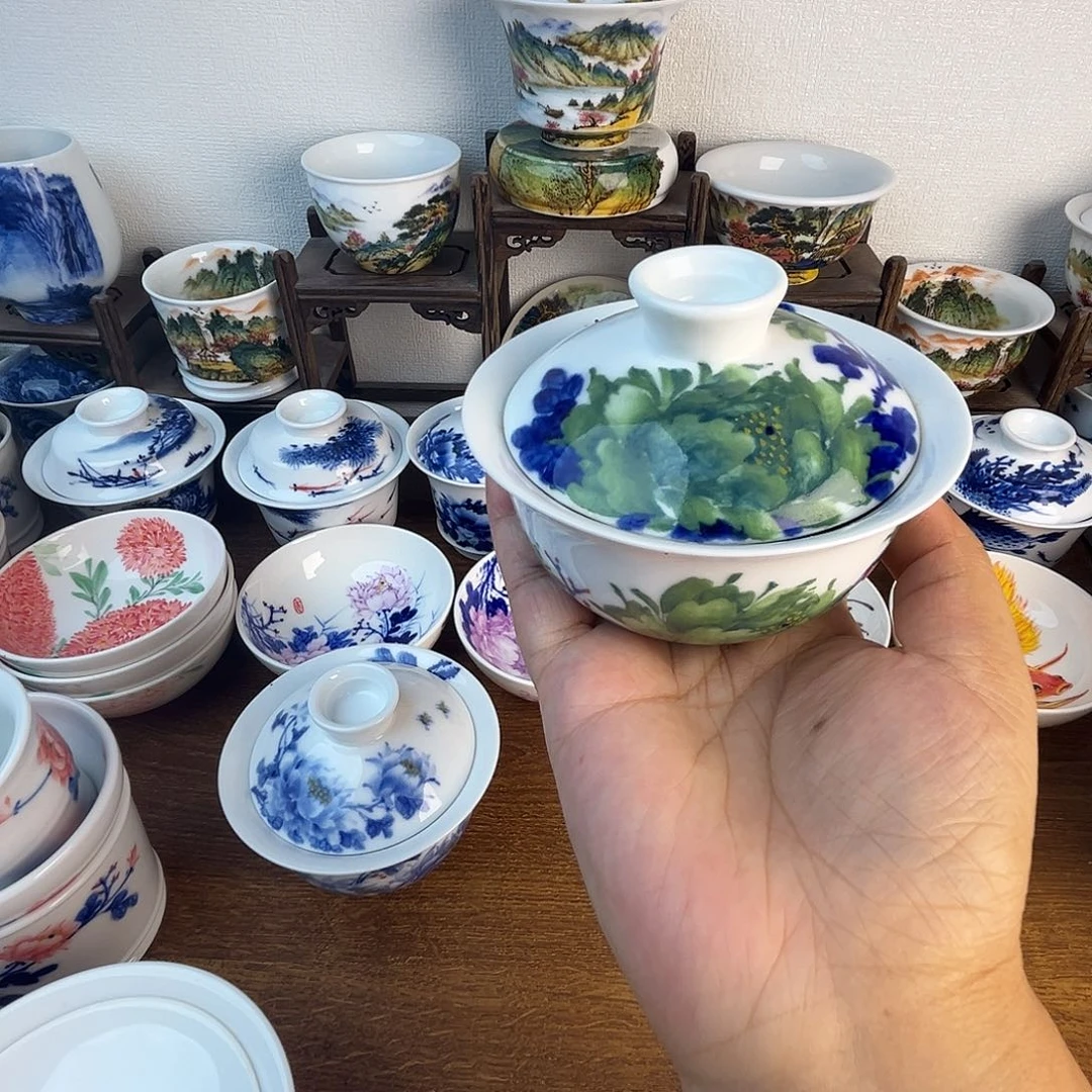 忠意堂釉下彩绿牡丹盖碗微瑕不退