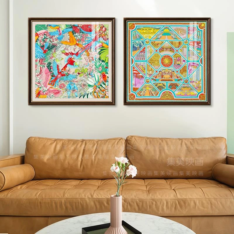 飞鸟嘉年华丝巾客厅沙发背景墙组合装饰画现代美式轻奢风艺术挂画