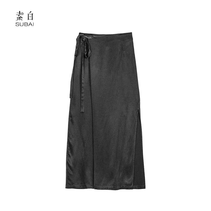 素白【玄影】高腰松紧显瘦铜氨丝绑带半身裙SB2409CP00403