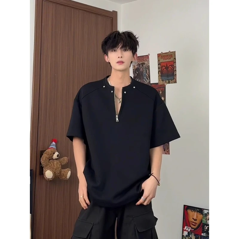 黑色铆钉亨利领t恤男夏季痞帅高级感半拉链短袖美式正肩半袖上衣